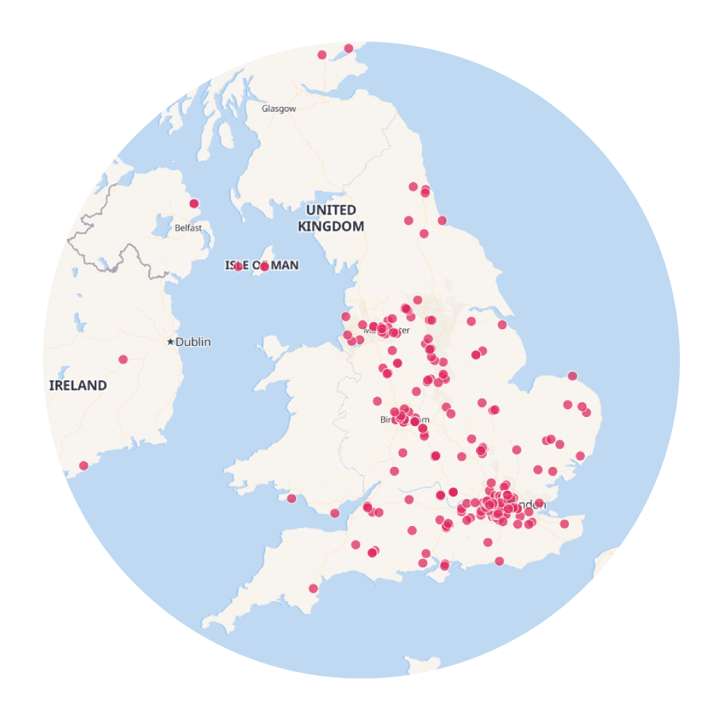 UK map of councils, schools, and sport clubs that use bookteq booking software